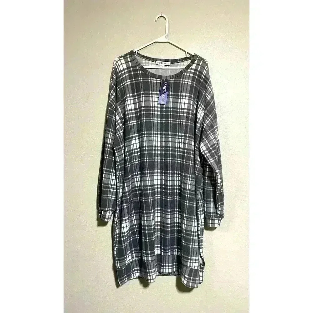 NWT Meri Skye - Women's Long Sleeve Flannel Shirt Dress‎ Gray White Size 2X